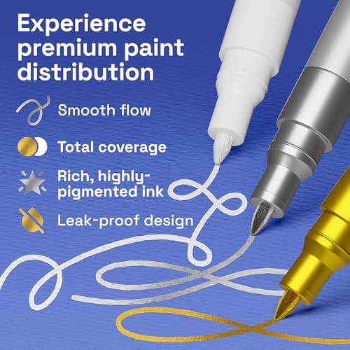 ARTISTRO 6 Gold & Silver & White Acrylic Paint Pens – 0.7mm Extra Fine Tip Paint Pens for Crafts, Rock Painting, Greeting Cards, Ornament Decor, DIY Art - color: Gold&White&Silver