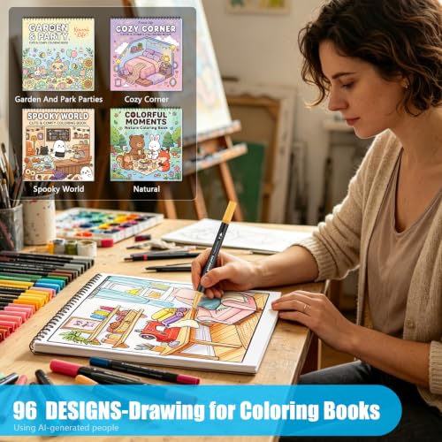 100 Colors Dual Brush Markers Pens with 4 Spiral Bound Adult Coloring Books