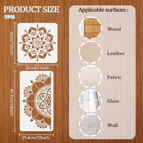 12Pack Large Mandala Stencils for Painting on Wood 18x10 in and 12x 12 in Damask Stencils for Walls Reusable Floral Texture Stencil with Brushes Drawing Templates for Floor Furniture Tile Fabric - style: Mandala Stencils-12PCS
