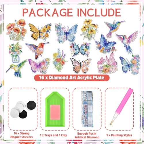 INCOK Diamond Painting Art Refrigerator Magnets - 16 PCS DIY Butterfly Hummingbird Flower Fridge Magnet Set Floral Crystal Art Craft for Women Adults Beginners Home Decors - color: Butterfly Hummingbird