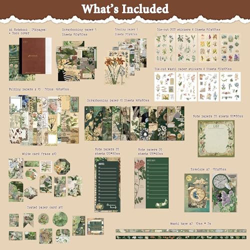 Diuhofart Vintage Scrapbooking Supplies Kit, 185pcs Junk Journal Kit with Scrapbook Paper Sticker Aesthetic Notebook Scrapbook Kit, Art Craft DIY Gift for Adult Women