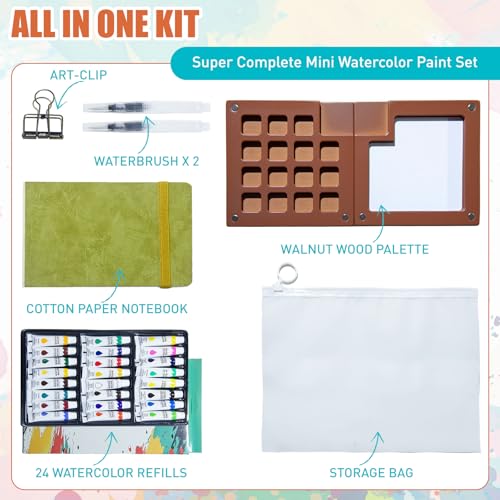 Mini Watercolor Travel Painting Set with 15 Grid Walnut Wood Palette | Protable Pocket Watercolor Kit with Paint, Brush, Sketchbook & Copper Clip for Painters Student Artists - size: 15 Grid Walnut Wood