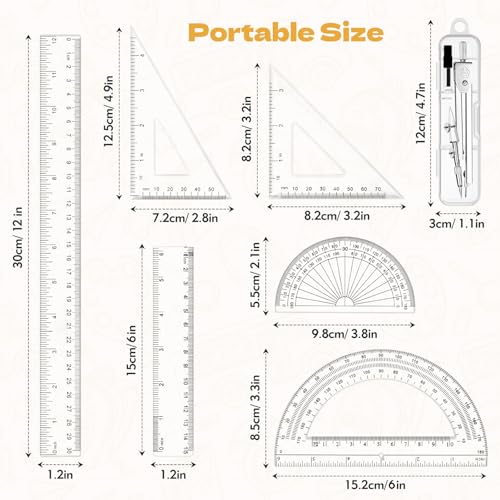 7Pcs Geometry Set-Clear Plastic Rulers,Triangle Ruler,Protractor,Compass | 12Inch & 6Inch Ruler Set for School Office Math Drawing Drafting Engineering Architecture Art
