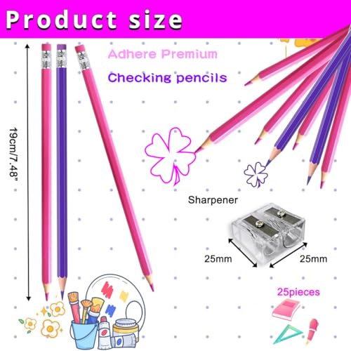 Adhere 25pcs Checking Pencils Erasable colored Pencils Pre-Sharpened #2 HB,for Checking Tests Grading,Map Coloring, editing Office Favors,including a Free sharpener. (Pink 13pcs + Purple 12pcs) - color: Pink 13pcs + Purple 12pcs