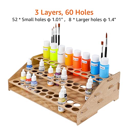 Amazon Basics Craft Paint and Brush Organizer Rack for Paint Bottles, Holds up to 60 Bottles and 22 Brushes, Wood Finish, 14 x 8 in, Light Brown