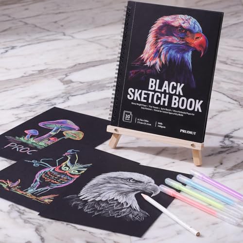 Black Paper Sketchbook Set, 6.7 × 10 in, 30 Sheets, 12 Gel Pens | 160gsm Acid-Free Paper, Spiral Bound, Tear-Out Pages, Hardcover, for Gel Pens, Chalk, Metallic Markers - size: 6.7×10in Set