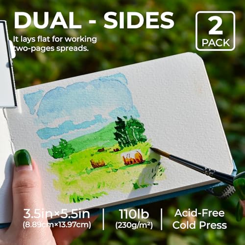 Funto Watercolor Journal, 3.5x5.5, 2 Pack, 24 Sheets Each, Cold-Pressed with Inner Pocket, 110lb/230gsm, Suitable for Techniques and Mixed Media - color: Blue-3.5x 5.5
