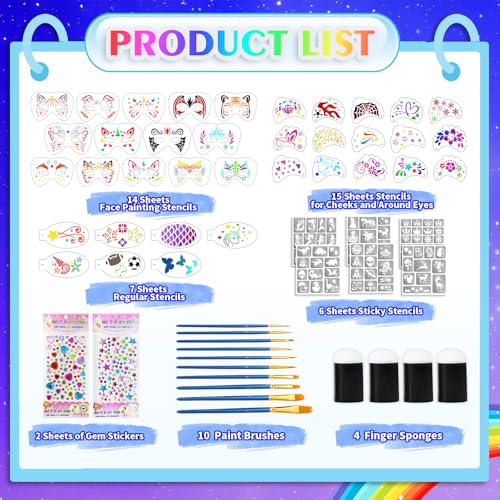 58 PCS Face Paint Stencils for Kids and Adults, 36 Reusable Facial Painting Templates, 6 Sticky Tattoo Stencils, 10 Makeup Brushes, 2 Adhesive Gem Stickers, 4 Finger Sponges for Party Makeup - color: blue