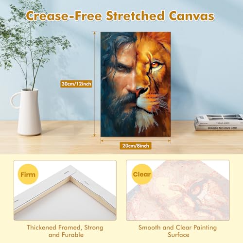 Bowetile Framed Jesus Paint by Numbers Kit for Adults Beginners, Adults' Paint-by-Number Lion Kits on Canvas, Painting by Numbers, Acrylic Number Painting for Home Wall Decor, 8x12in - color: Jesus and the Lion