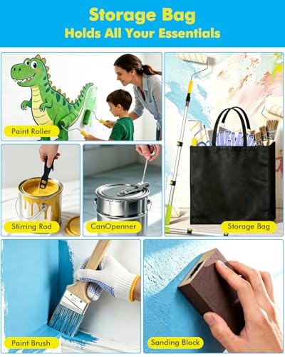 32 PCS Paint Roller Kit with Extension Pole, Paint Rollers Frames, Brushes, Tray & Liners, Professional Painting Supplies for Walls Ceiling House Interior, Foam Roller Tool Set with Bag