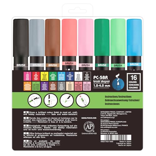 POSCA® PC-5BR Brush Tip Paint Markers, 16 Count Reversible Brush Set - size: 1 Count (Pack of 16), style: Brush Tip