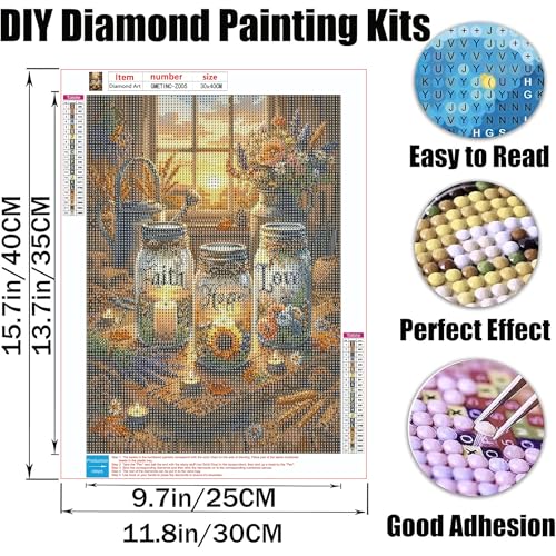GMETNIC Diamond Art Kits for Adults- Diamond Painting Kits for Adults Beginners, 5D DIY Full Drill Round Rhinestone Gem Art Crafts Paintings for Home Wall Decor 12"x16" (Faith, Hope & Love Jars) - color: Faith, Hope & Love Jars