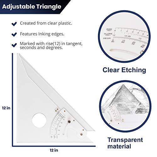 Pacific Arc Adjustable 12 Inch Triangle Plain Edge for Drafting, Architect, Engineer - style: 12 inch