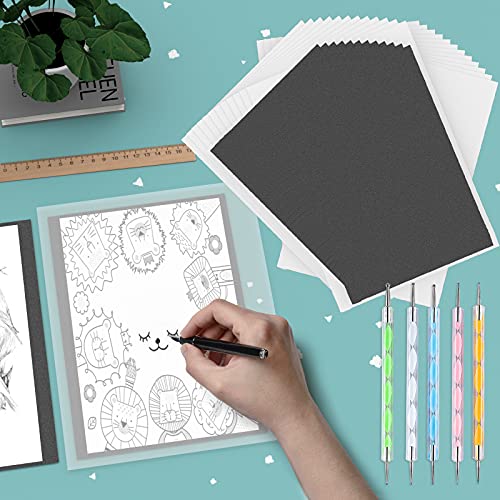 100 Sheets White Tracing Paper 100 Sheets Carbon Transfer Paper and 5 Pieces Ball Embossing Styluses for Wood Burning Craft, Paper, Canvas and Other Art Craft Surfaces - color: Black, White