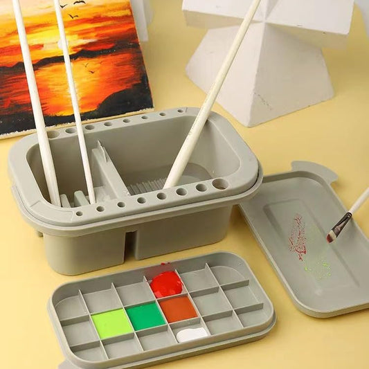 3-in-1 Palette w/Lid, Cup Brush Storage for Acrylic & Oil Painting | Lightweight smooth panel, separate pigment slots, easy washable, ideal for amateur & artist creation