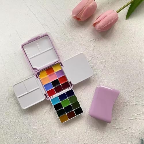 Pocket Size Travel Watercolor Paint Palette Case Mixing Tray,Portable Empty 24-Well Small Plastic Paint Tray with Lid for Artists - color: Pink