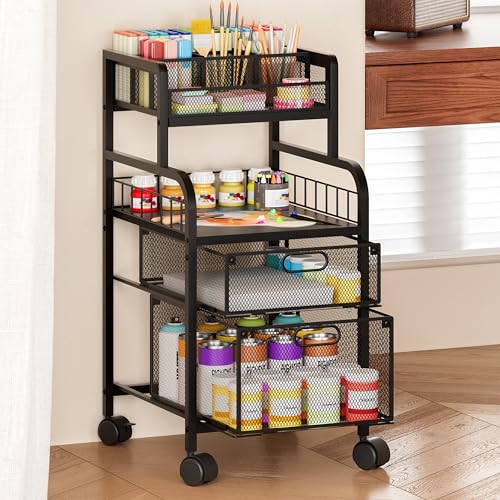 SWTYMIKI Rolling Cart with Drawers - Metal Craft Cart with Wheels, DIY Divider and Wood Shelf, Art Supply Organizer for Under Desk Storage, Utility Storage Cart for Home Office Studio, Black - color: 4 Tiers-Black, size: 4 Tiers