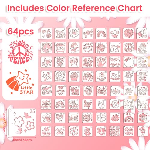 64 pcs Small Stencils for Crafts, Reusable 3 Inch Stencils, Including Flower Plant & Butterfly Patterns, DIY Craft Paint Great Templates for Painting on Wood, Fabric, Wall, Rock & Home Decor