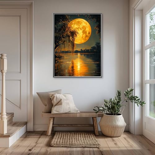 Moonlight Lakeside Diamond Art,A Romantic and Serene Golden Full Moon Diamond Art Kits for Adults Beginner,Gift for Mother 5D DIY Full Drill Diamond Painting Gem Art, Home Wall art (12x16 inch) - color: DP03656
