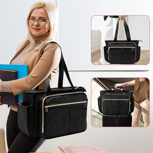 Teacher Tote Bag with Accordion File Organizer, Large Utility Bag | Teacher Work Bag with Expanding File Pocket, Laptop Sleeve, Water Bottle Pockets, Large Capacity Tote for Work Office - color: Black