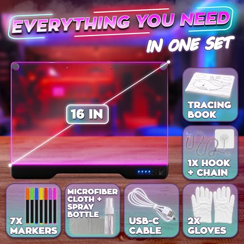 16" LED Drawing Board Rechargeable; 10 Tracing Sheets; Black | 7 Colors, Adjustable Brightness; Acrylic Light Board for Tracing with Stand, Classroom Art Kit; Birthday Gift Idea - color: Black