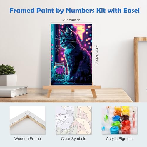 MOGTAA Cat Paint by Numbers Kit for Adults Beginners with Frame, Flowers Adult Paint by Number Kits on Canvas with Easel, Easy DIY Oil Painting Kits for Home Decor, 8x12in - color: Cat