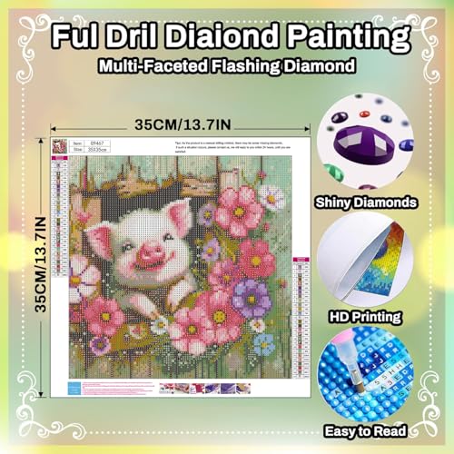HITO Pig Diamond Painting Kits for Adults Pig Diamond Art Kits for Adults | Animal Gem Art Kits for Adult for Gift Home Wall Decor 14x14 Inch - color: G9467