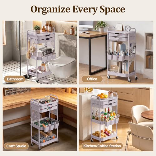 3 Tier Rolling Cart with 2 Drawers, Metal Utility Storage Carts with Wheels | Kitchen Rolling Cart 4.5" Deep Basket, Mesh Side Panel with 3 Cups, 4 Hooks for Office, Bedside, Craft Storage Cart - color: Dray Purple