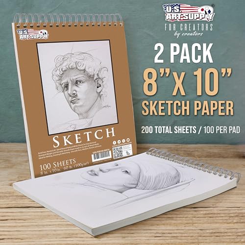 U.S. Art Supply 8"x10" Top Spiral Bound Sketch Book, 2 Pack, 100 Sheets Each, 60lb (100gsm), Acid-Free, Artist Sketchbook, Drawing Pad for Adults & Students - size: 8-x-10-inch