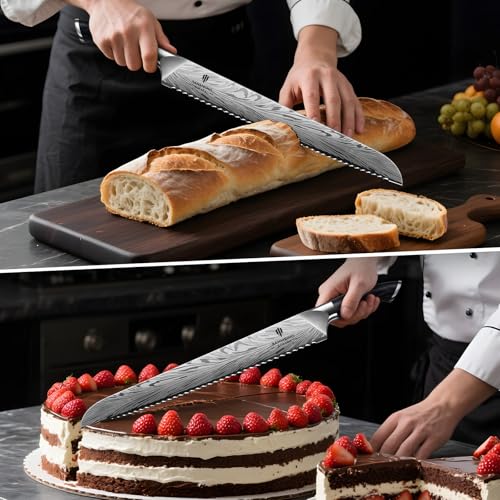 10 inch Bread Knife in Powder Steel, Serrated Bread Knife | for Homemade Bread Sourdough Ultra Sharp Bread Slicer Knives with Ergonomic Pakkawood Handle for Sourdough, Turkey and Fruit - size: 10"
