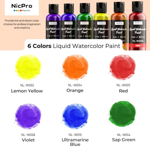 Nicpro 6 Colors Liquid Watercolor Paint Set, 2 oz Concentrated Water Color - color: 6 Colors, size: 2 Fl Oz (Pack of 6)