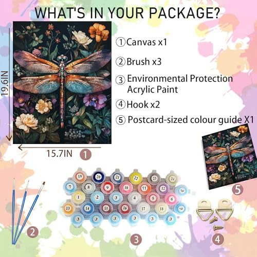Dragonfly Paint by Numbers Kit for Adults Beginner 16x20inch(Without Frame) | Flowers Adult Paint by Number Kits on Canvas, DIY Acrylic Oil Painting by Numbers for Adults for Gift Home Wall Decor - color: MT22774-US