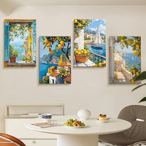 4 Pack Framed Paint by Numbers Kit for Adults Lemon Tree with Wooden Easel | With Frame Canvas 8x12 IN, For Adults Beginner, DIY Acrylic Painting Lemon, Stress Relief Craft Kits, Home Wall Decor Gift - color: FOP4P-06