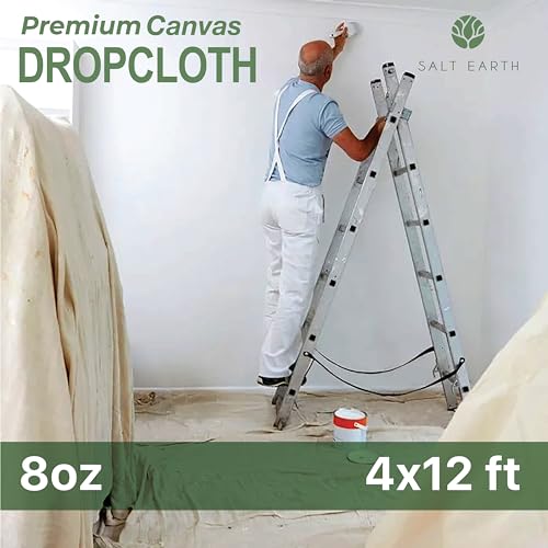 Salt Earth Canvas Drop Cloth 2Pcs, Reusable Paint Drop Cloth, 100% Recycled Cotton Canvas Tarp Cover for Painter, Furniture, Floor Protection, All Purpose Painters Dropcloth for Christmas DIY (4x12FT)