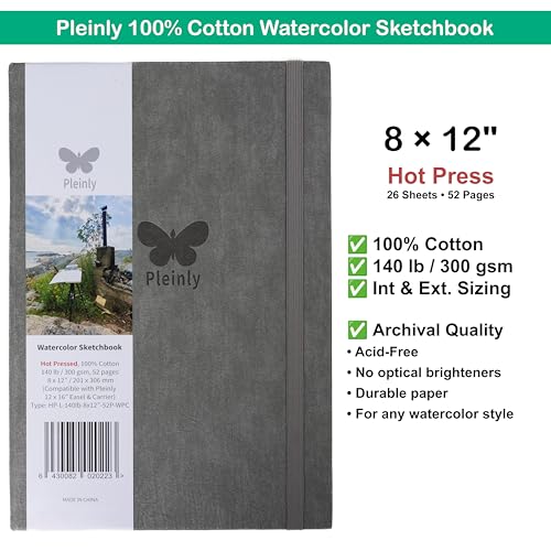 Pleinly 100% Cotton Watercolor Sketchbook Journal – Hot Press, 8x12” Large, 140lb (300gsm), 26 Sheets Portrait, Type-L Paper with Internal & External Sizing, Hard Cover, Lay Flat - size: Hot Pressed 12x8" Type L (1 pcs)