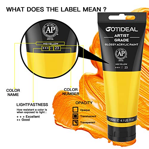 GOTIDEAL Acrylic Paint Mid Yellow Tubes(120ml, 4.1 oz) - color: Mid Yellow, style: Regular