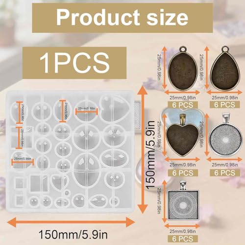 Resin Casting Mold Jewelry Making Kit with 30 Metal Pendant Trays and Silicone Mold, Heart Teardrop Round Oval Square Shapes for DIY Earrings Necklaces Bracelets Crafts Gifts