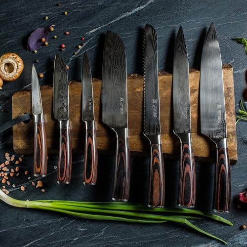 Yatoshi 7 Knife Set - Pro Kitchen Knife Set Ultra Sharp High Carbon Stainless Steel with Ergonomic Handle - color: Brown, size: 7-Piece