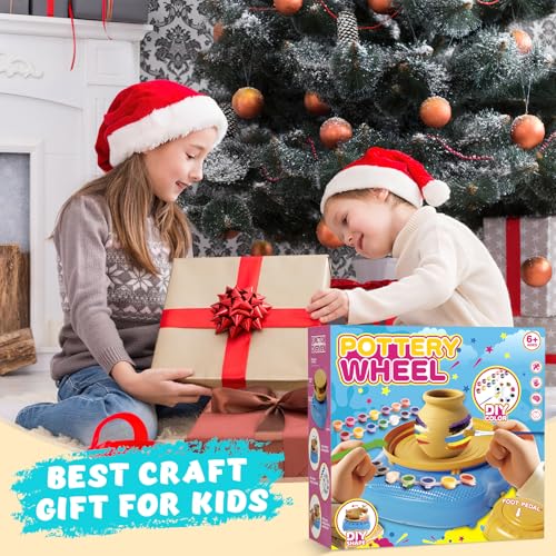 Pottery Wheel for Kids with Air Dry Clay Kit, 12 Paints & Tools, Ages 6-12 | No kiln needed: shape on the electric wheel, air-dry & paint. Gentle beginner speed; kit adds 3 clay packs, tools & apron - color: yellow/cyan
