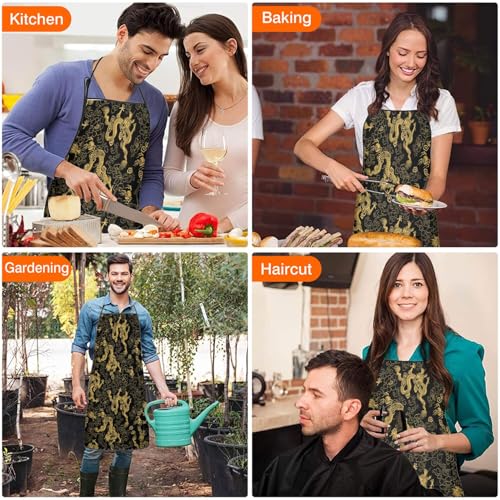 Apron with 2 Pockets,Kitchen Chef Artist Aprons for Cooking Gardening Baking Painting, Waterproof Apron 33" x 27" - color: Chinese Dragon
