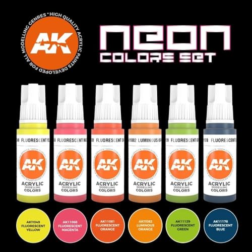 AK-Interactive: 3rd Gen Acrylics - Neon Colors Acrylic Paint Set (Box of 6 Paints)
