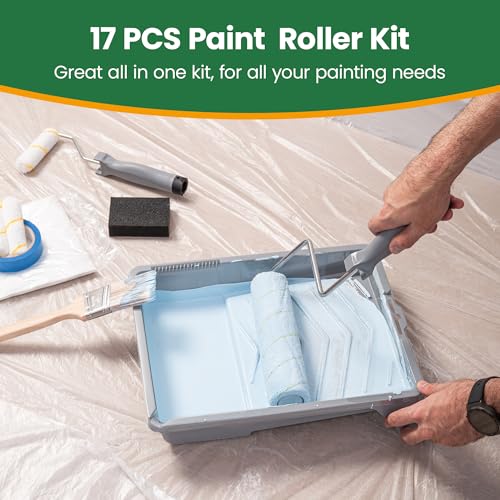 VOOMEY 17 Piece Paint Roller Kit, 9" & 4" Rollers with Tray & Brushes - style: 17pcs paint roller kit