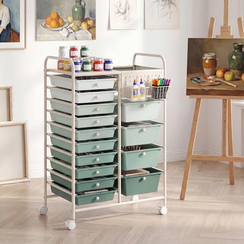 GOFLAME 14-Drawer Rolling Storage Cart with Pegboard, Craft Storage Cart with Lockable Wheels and Metal Frame, Art Cart Supply Storage Organizer for Home Office Classroom, Green Gradient - color: Green Gradient, size: 14-drawer with Pegboard-25"x14.5"x34.