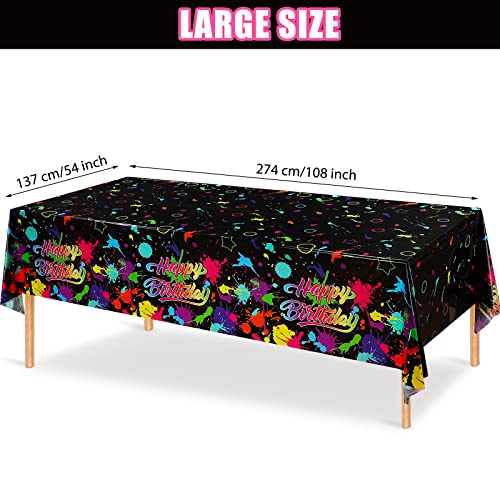 3 Pcs Glow in the Dark Tablecloth Disposable Plastic Neon Table Cloths Happy Birthday Glow Party Table Covers for Neon Black Light Birthday Party Paint Splatter Decorations Supplies, 54 x 108 Inch