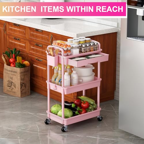 Goovilla 3 Tier Rolling Utility Cart Organizer with Removable Drawer, Pink | Stable and Sturdy Rolling Storage Carts with 2 Lockable Wheels for Bathroom, Kitchen, Snack, Craft, Makeup, Baby Essentials - size: 3 Tier, style: Pink