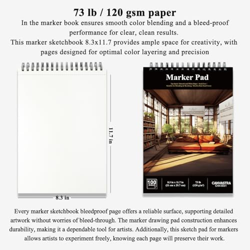 Marker Paper Sketchbook, 100 Sheets Alcohol Marker Paper, 73 lb/ 120 GSM (8.3x11.7 Inch) A4 Marker Sketchbook Bleedproof, Spiral Bound Marker Paper Pad, Sketch Pads for Drawing for Adults & Teens. - size: 8.3" × 11.7", 100 Sheets