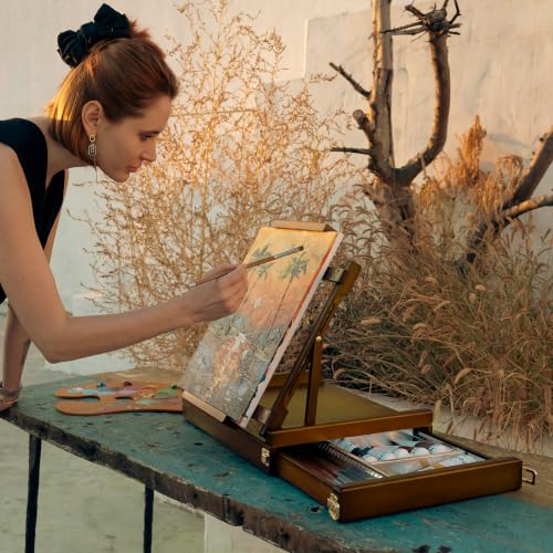 MEEDEN Portable Tabletop Easel for Painting: Beech Wood Sketchbox with Art Supplies Storage Drawer - Holds Up to 34" Canvas Panels - Adjustable Foldable Plein Air Desktop Stand for Artists Painters - color: Walnut