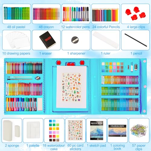 KINSPORY Art Set for Kids, 290 Pack Double-Side Easel Drawing Kits (Blue) | Creative Gift, art & crafts supplies, Coloring, oil pastel, crayon, colored pencil, watercolour pen, Beginner Artist Girl Boy - color: Blue