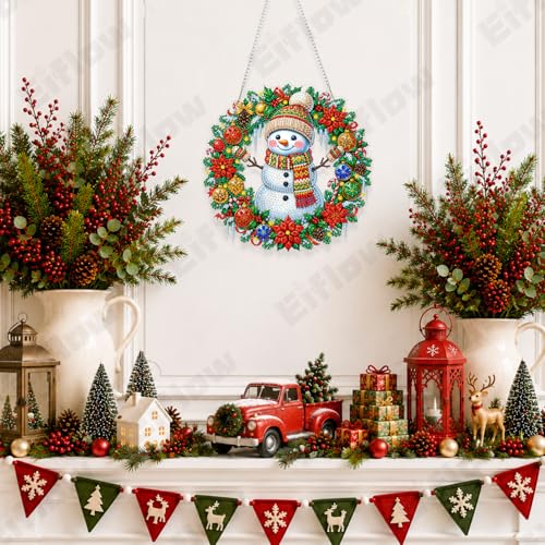 Eiflow Acrylic Christmas Diamond Art Hanging Kit for Adults, DIY Diamonds Painting Door Hanger Ornament Kit Snowman Wreath Crystal Diamond Art Painting Wall Window Hanging Pendant - color: Christmas Wreath