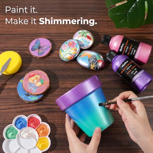 Nicpro 20 Colors Metallic Acrylic Paint Set, Pearlescent Acrylic Paint | 8.45oz/250ml Each, Non Toxic Non Fading Craft Paint for Wood, Clay, Metal, Canvas, Furniture, Handcraft, Model, Art Supplies - color: 20 Metallic Colors